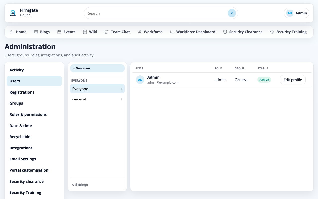 Administration — Users, roles, integrations, backups, and portal branding.