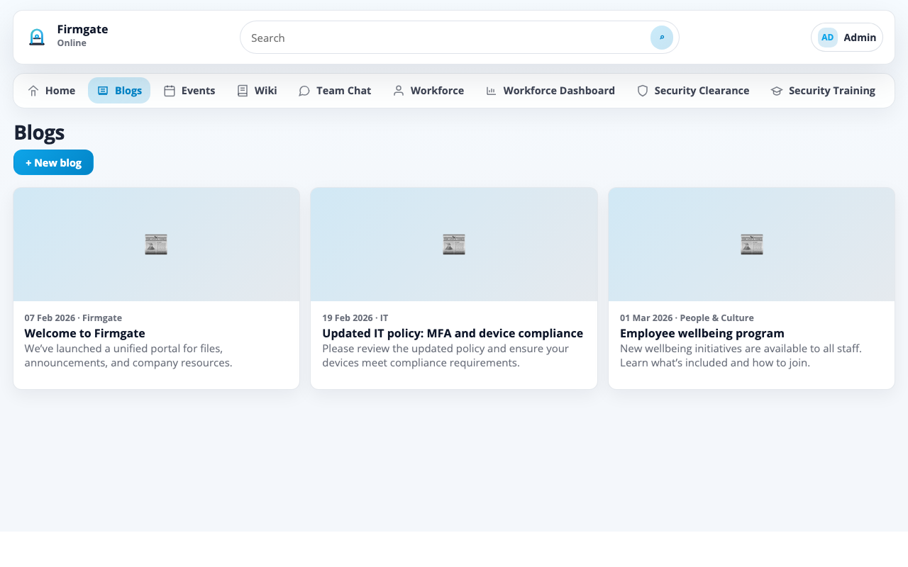 Blogs — Internal blog posts with categories for your organisation.