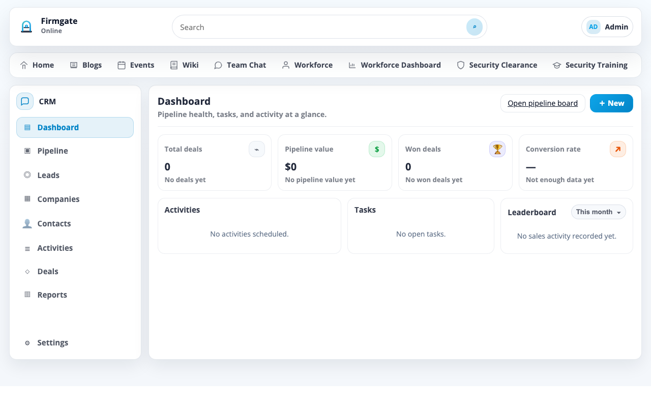 CRM — Self-hosted CRM — pipeline dashboard, leads, companies, and deals.