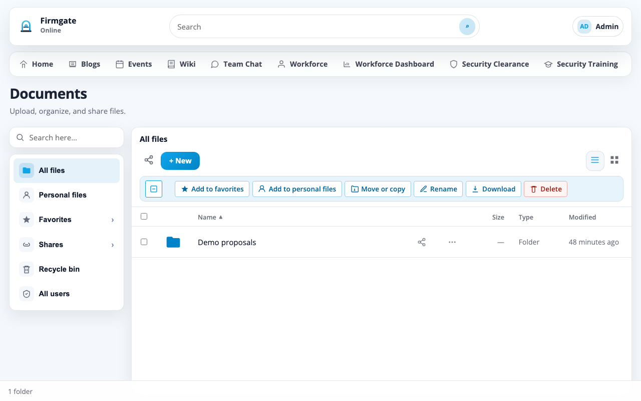 Documents — Open-source document repository — folders, sharing, and in-browser previews.