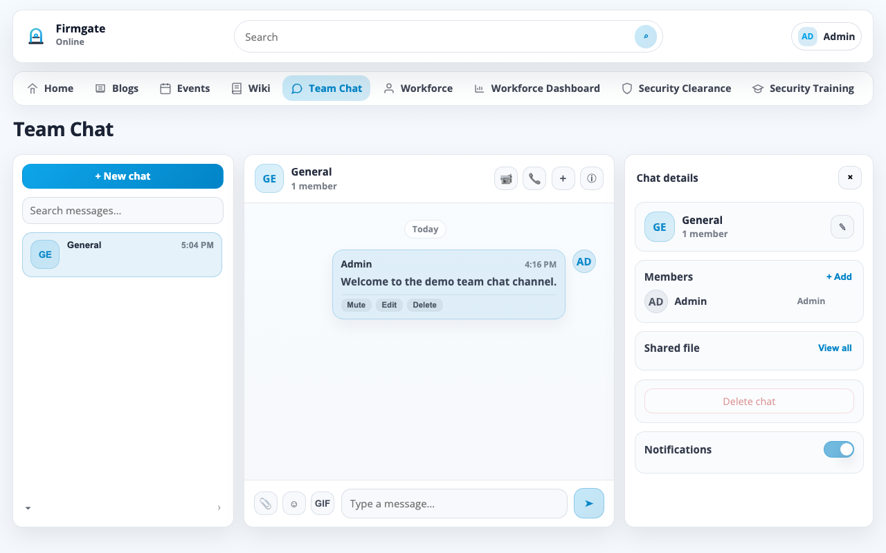 Team Chat — Chat rooms, shared files, and optional WebRTC voice calls.